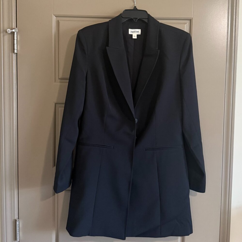 Open Edit Long Sleeve Blazer Minidress — Peaked Lapels, Button Front, Lined